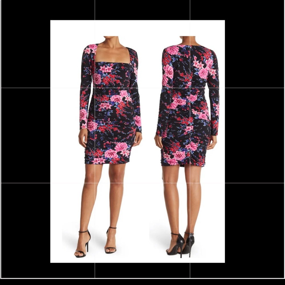 GUESS Floral Square Neck Mini Ruched Dress